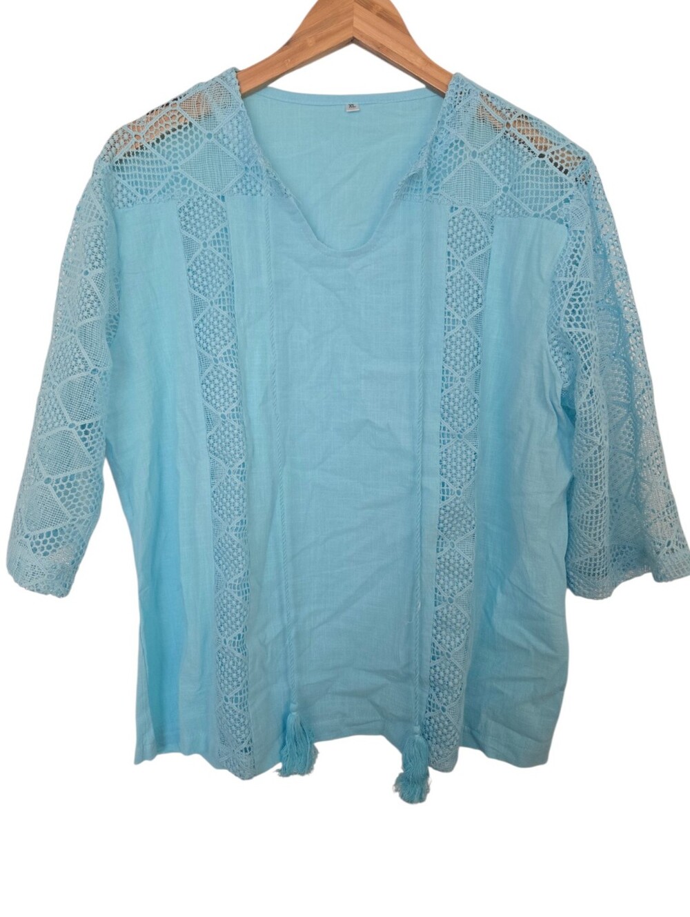 🩵 Boho Aqua Crochet Lace Tunic Top Blouse XL Tassel Tie - Picture 2 of 5